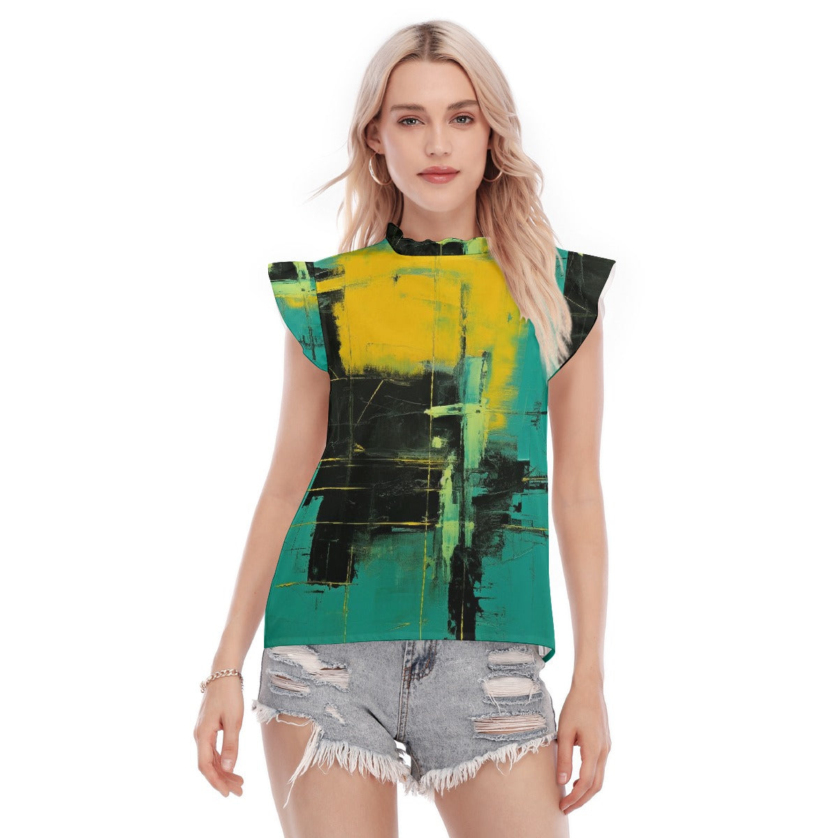 All-Over Print Women's Blouse With Ruffle Collar And Sleeve