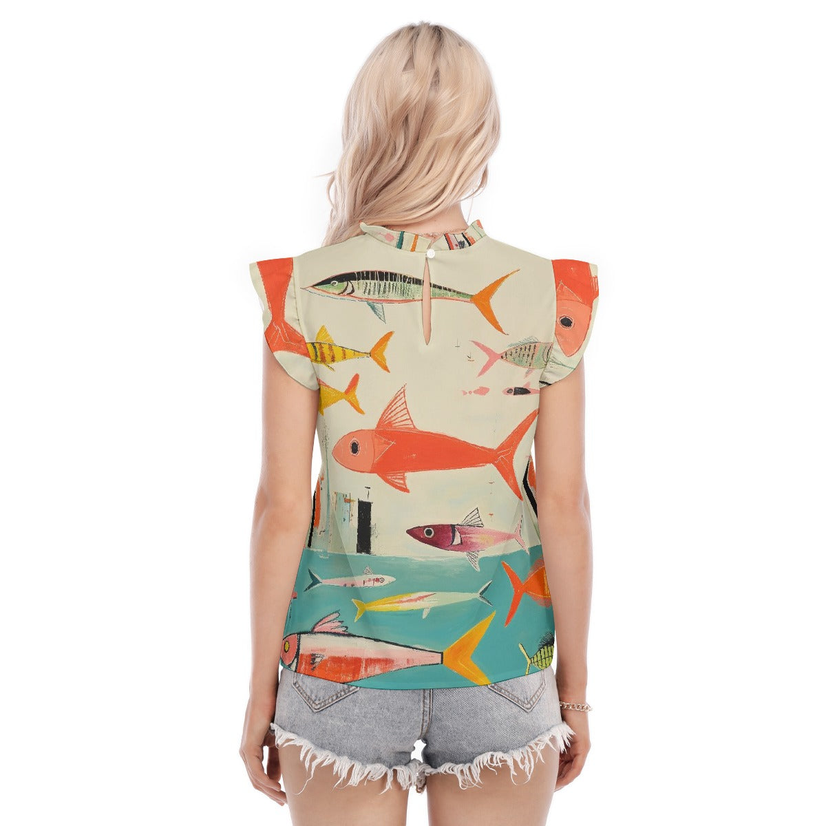 All-Over Print Women's Blouse With Ruffle Collar And Sleeve