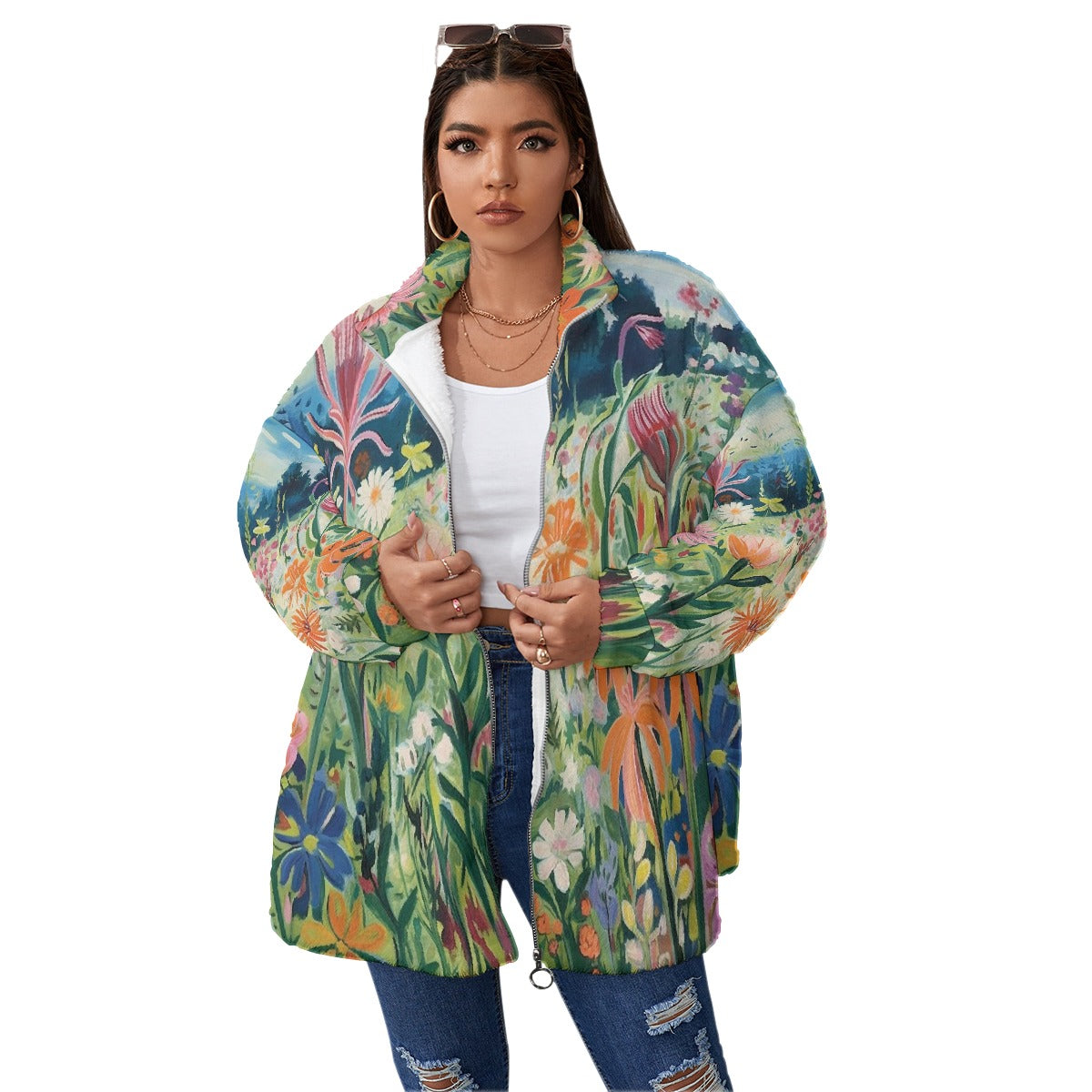 All-Over Print Unisex Borg Fleece Stand-up Collar Coat With Zipper Closure(Plus Size)