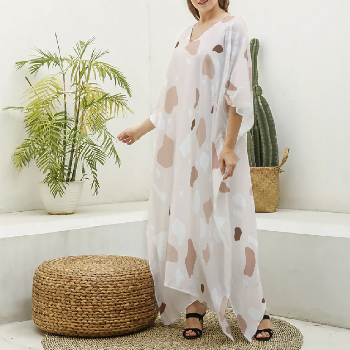 All-Over Print Women's Imitation Silk V-neck Kaftan Robe