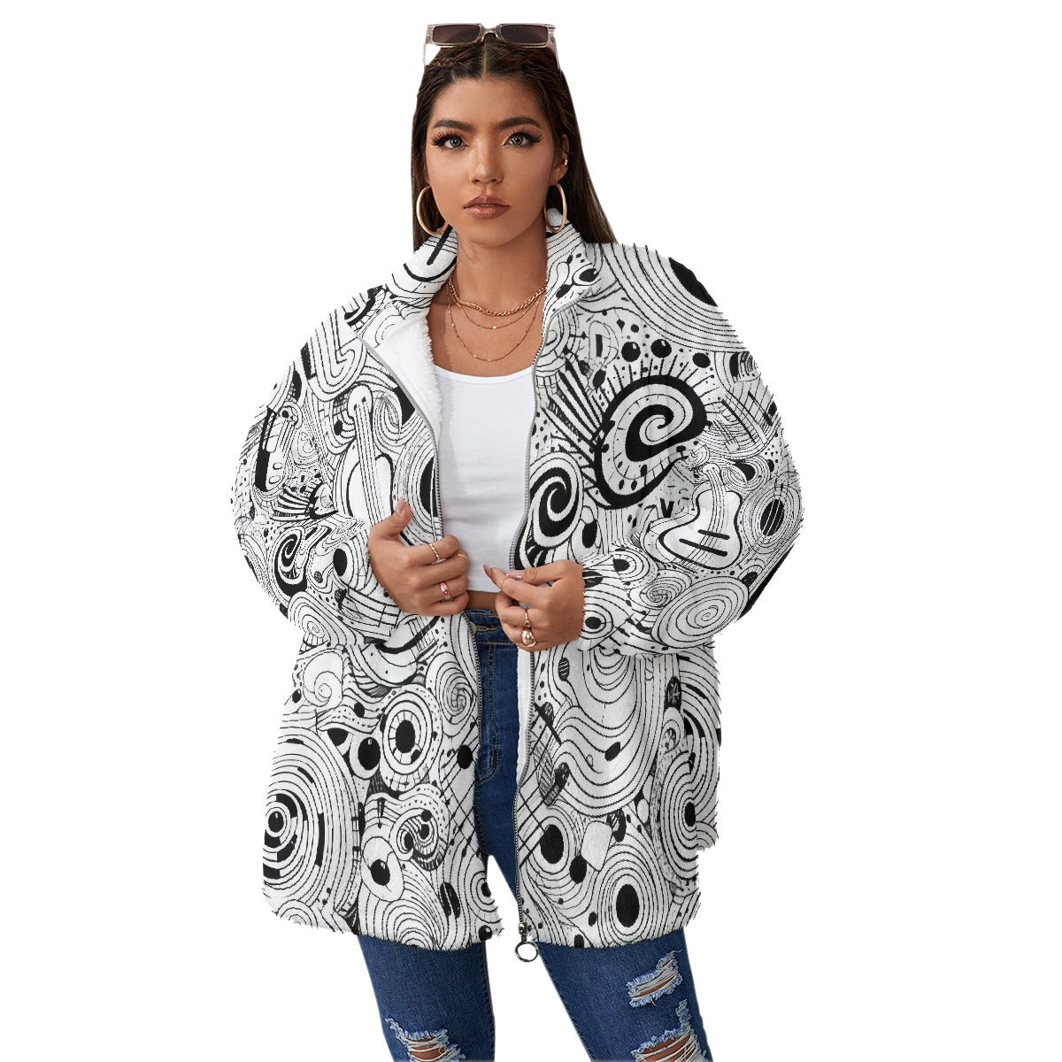 All-Over Print Unisex Borg Fleece Stand-up Collar Coat With Zipper Closure(Plus Size)