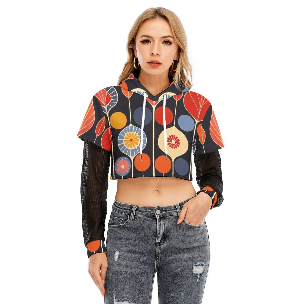 All-Over Print Women's Fake Two-piece Mesh Sleeve Cropped Hoodie