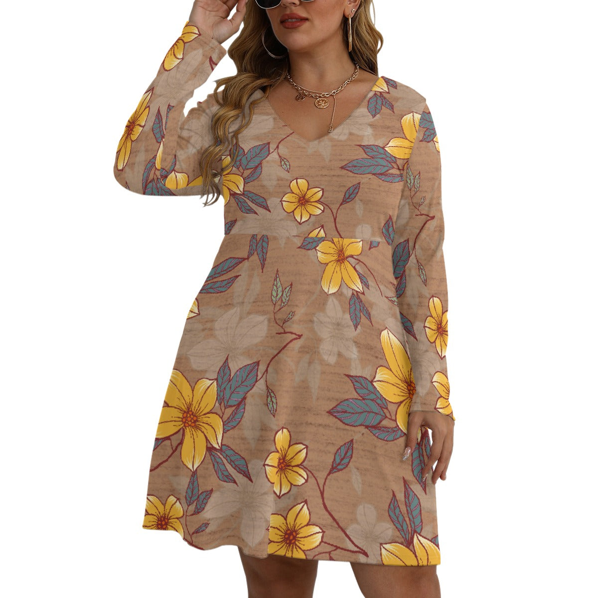 All-Over Print Women's V-neck Long Sleeve Dress(Plus Size)
