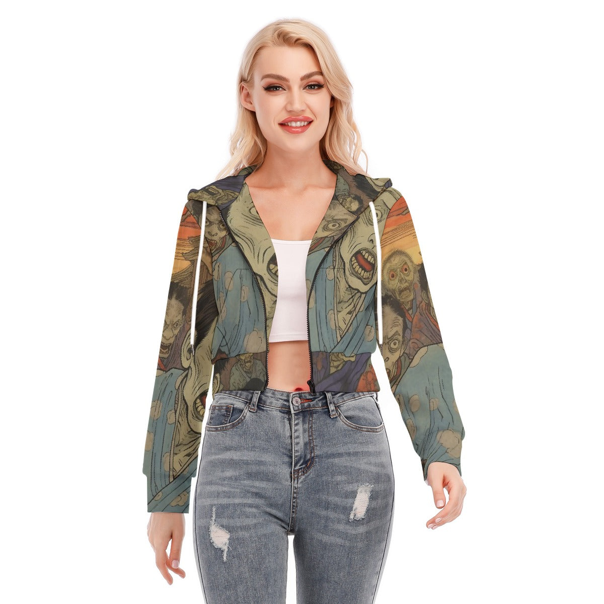 All-Over Print Women's Crop Top Hoodie With Zipper Closure