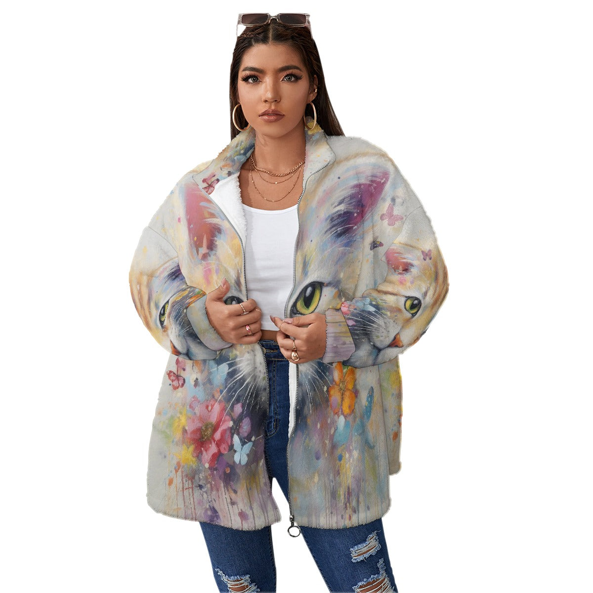All-Over Print Unisex Borg Fleece Stand-up Collar Coat With Zipper Closure(Plus Size)