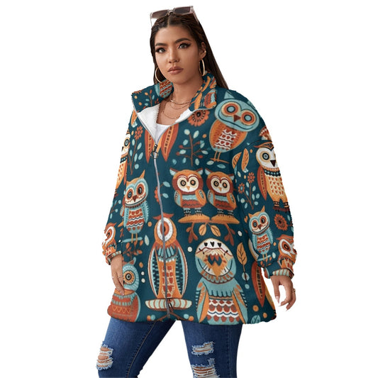 All-Over Print Unisex Borg Fleece Stand-up Collar Coat With Zipper Closure(Plus Size)