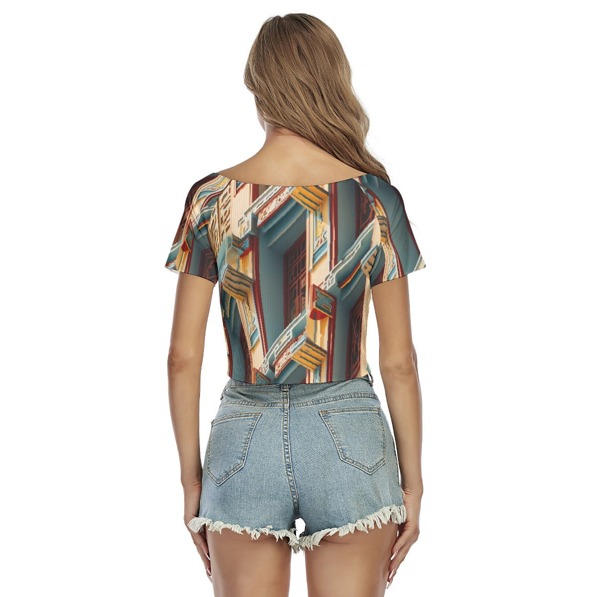All-Over Print Women's Raglan Drawstring Front  Crop Tee