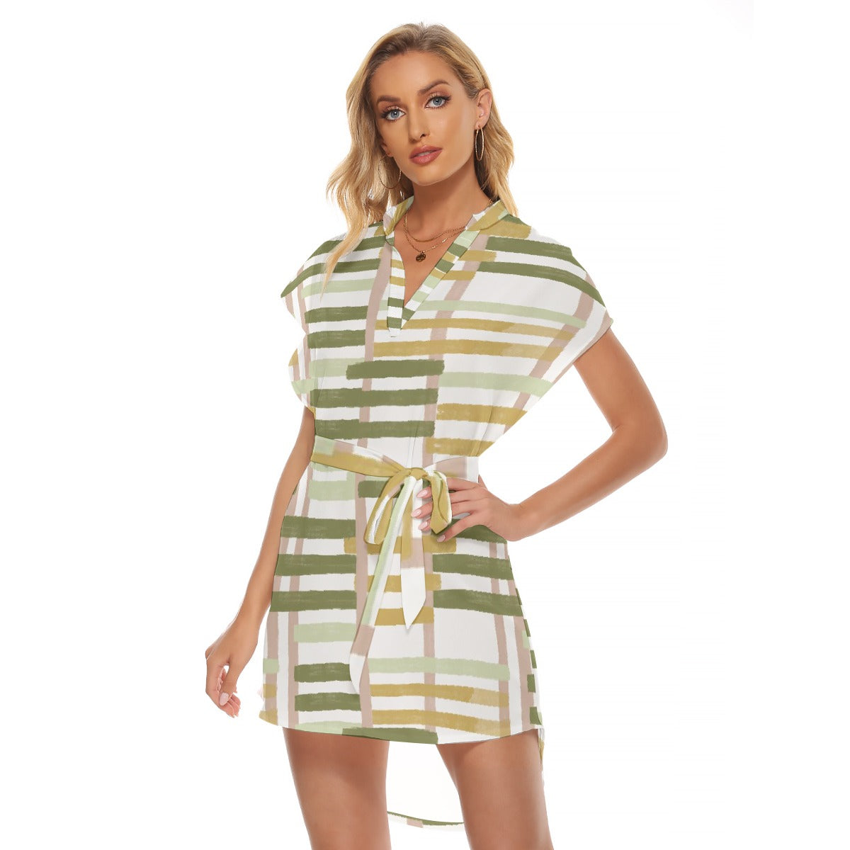 All-Over Print Women's Stand-up Collar Casual Dress With Belt