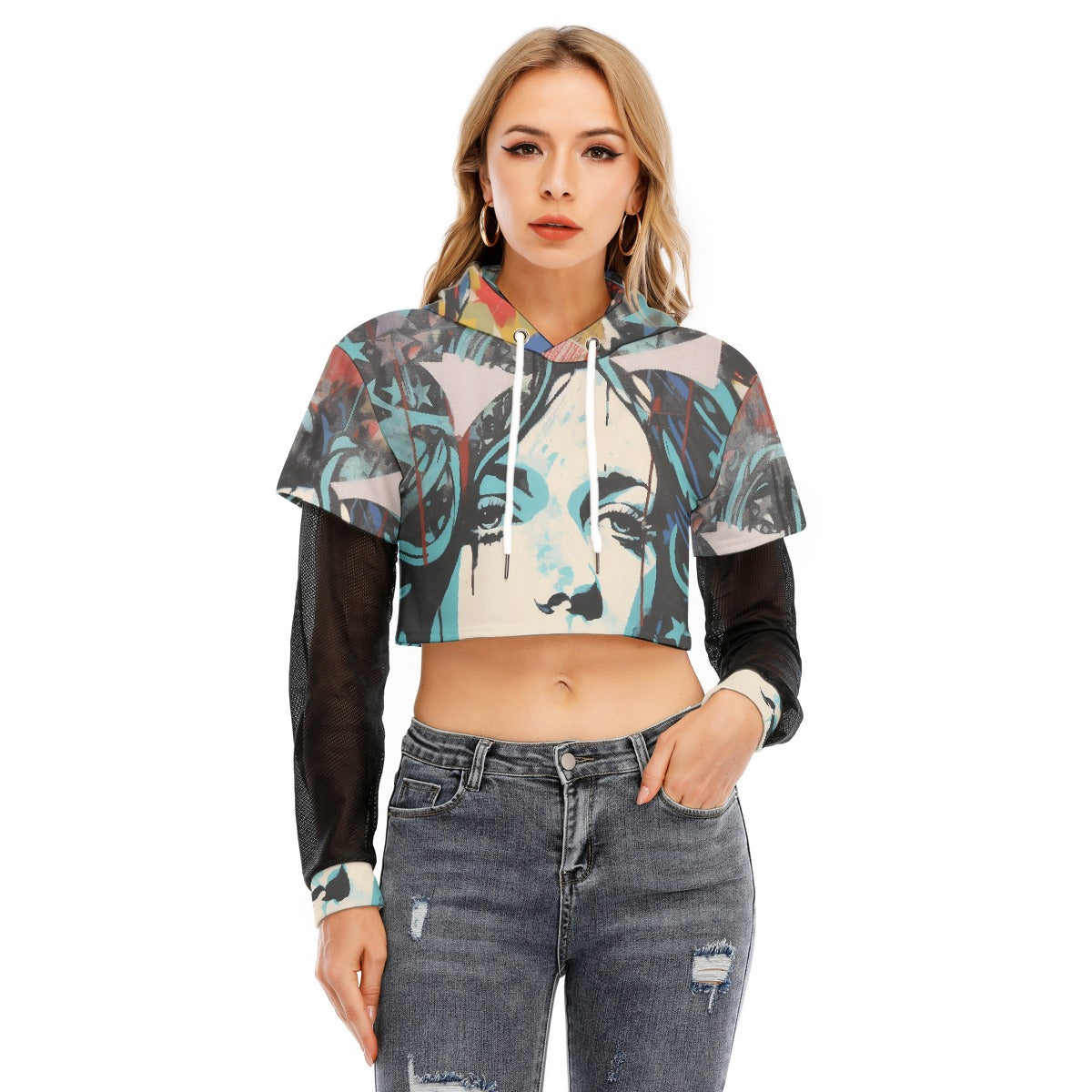 All-Over Print Women's Fake Two-piece Mesh Sleeve Cropped Hoodie