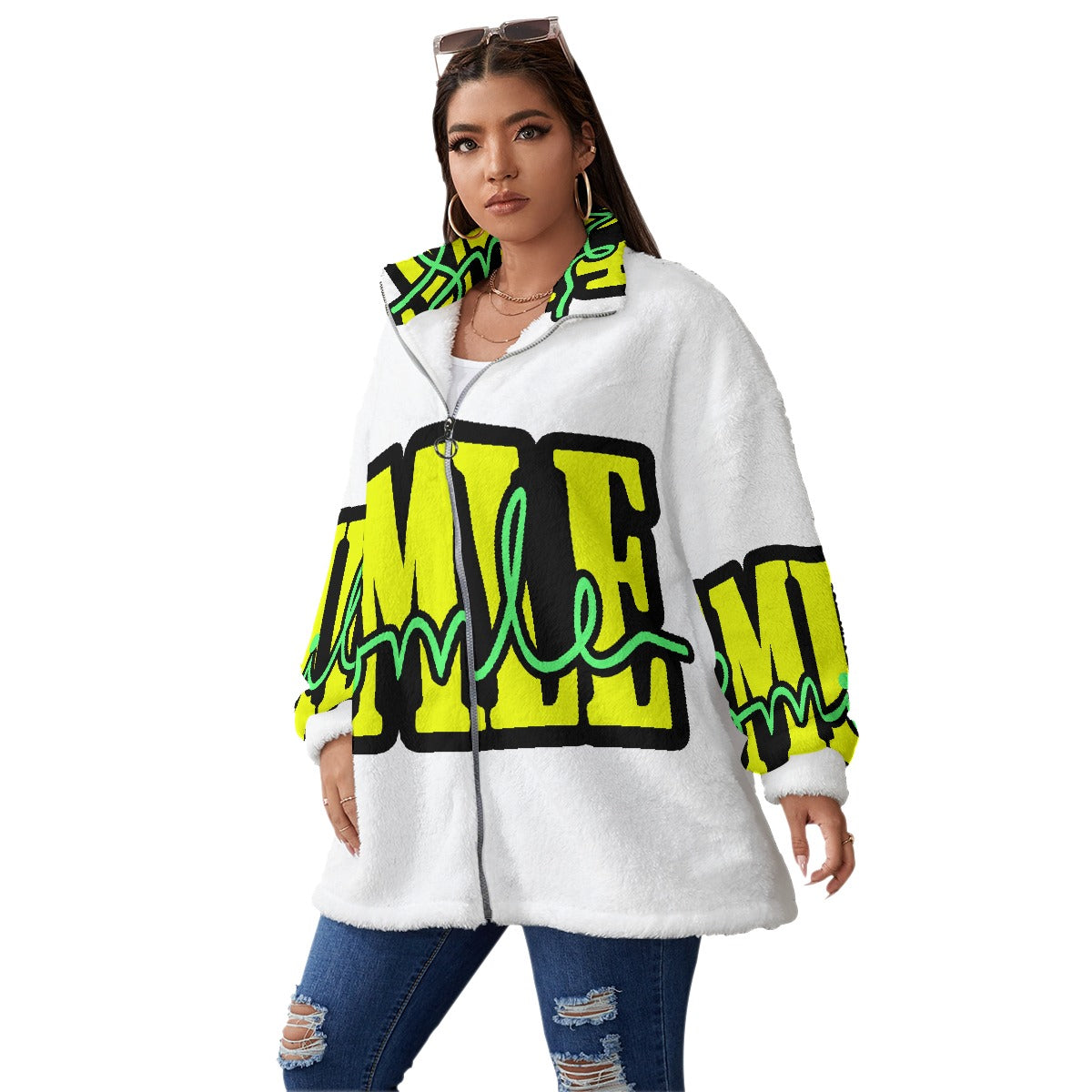 All-Over Print Unisex Borg Fleece Stand-up Collar Coat With Zipper Closure(Plus Size)