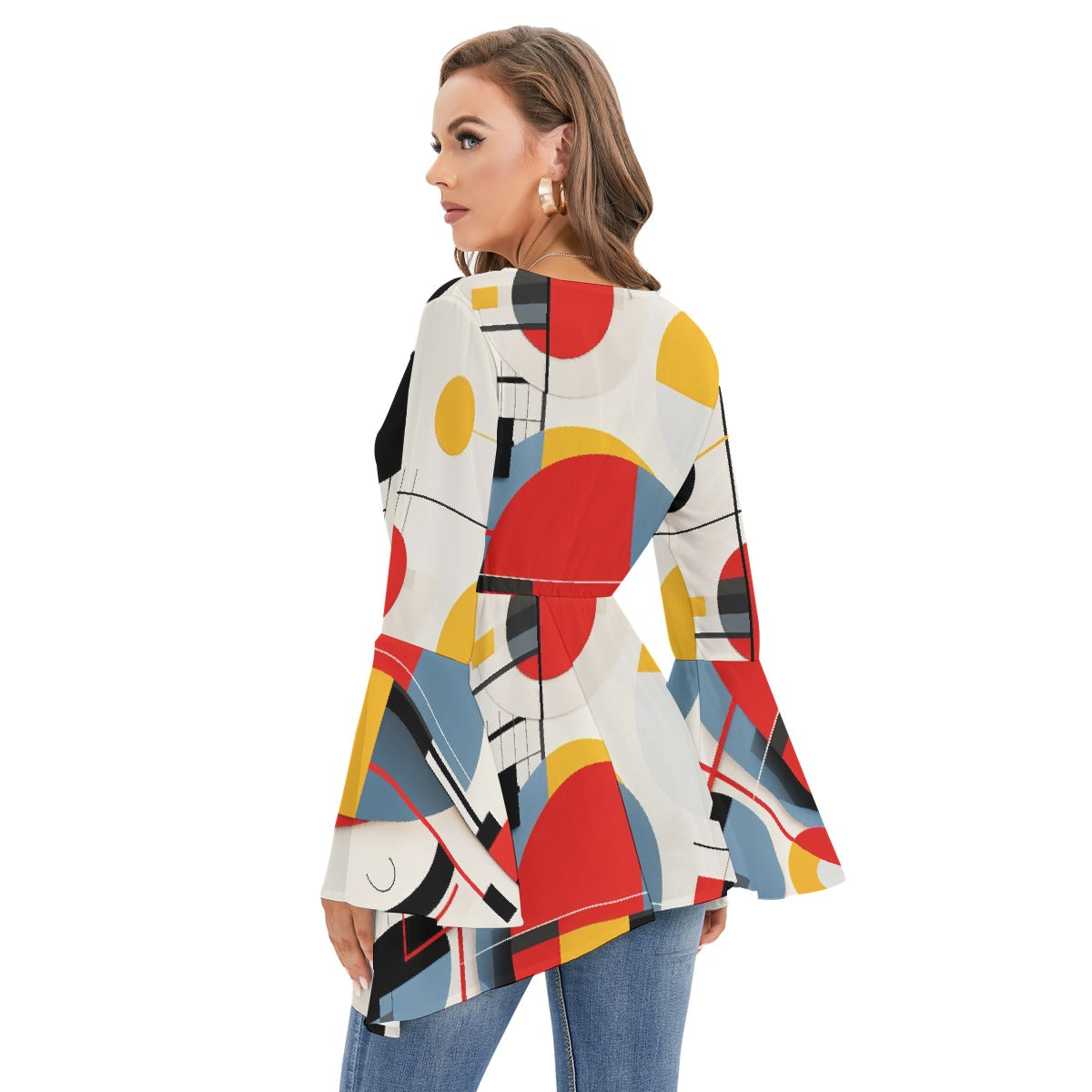 All-Over Print Women's V-neck Blouse With Flared Sleeves