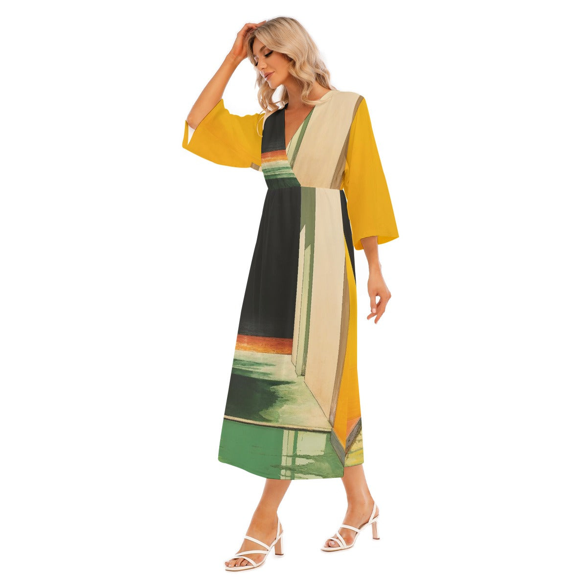 All-Over Print Women's Mid-Sleeve Long Dress