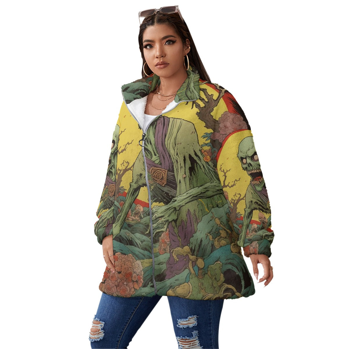 All-Over Print Unisex Borg Fleece Stand-up Collar Coat With Zipper Closure(Plus Size)