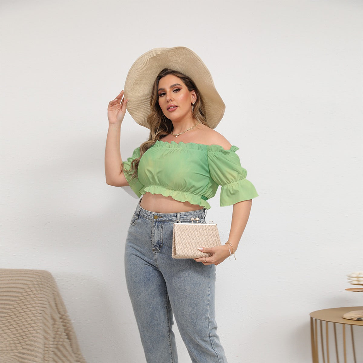 All-Over Print Women's Off-shoulder Cropped Top With Short Puff Sleeve