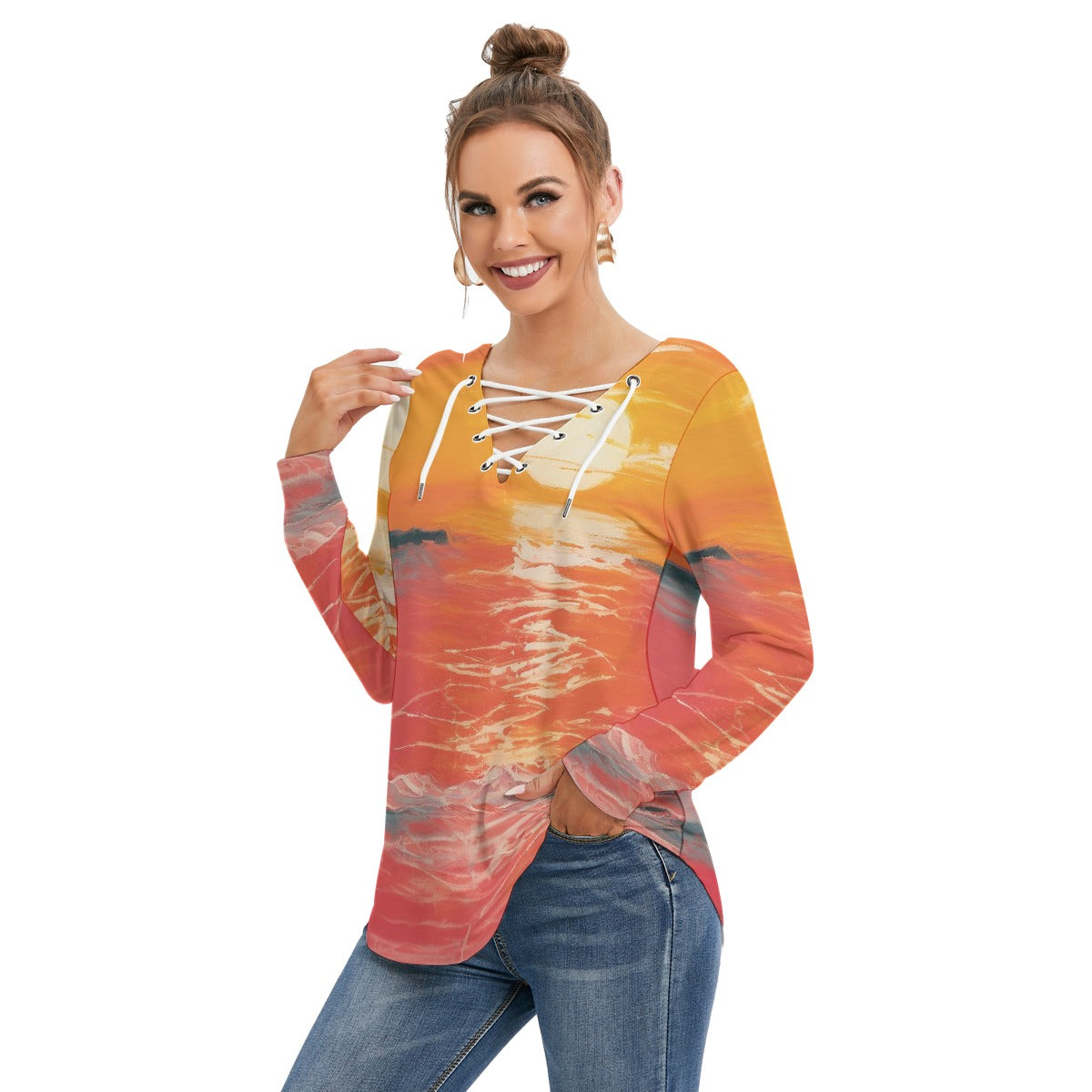 All-Over Print Women's Long Sleeve Neckline Tie Sweatshirt