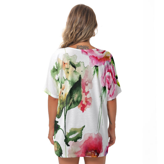 All-Over Print Women's Bat Sleeves V-Neck Blouse