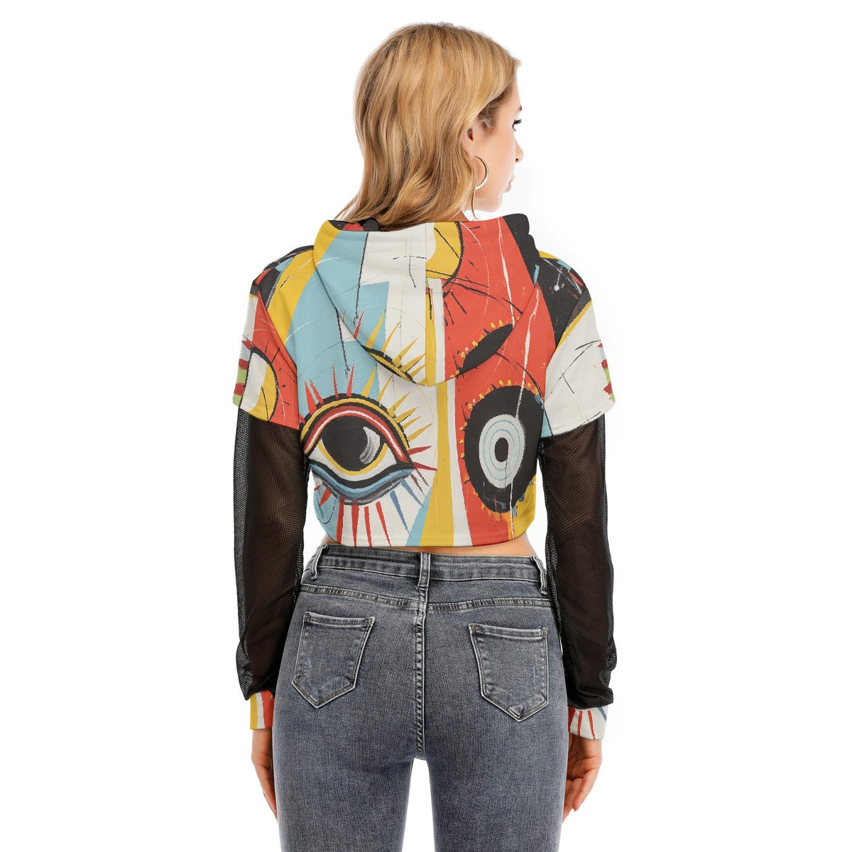 All-Over Print Women's Fake Two-piece Mesh Sleeve Cropped Hoodie