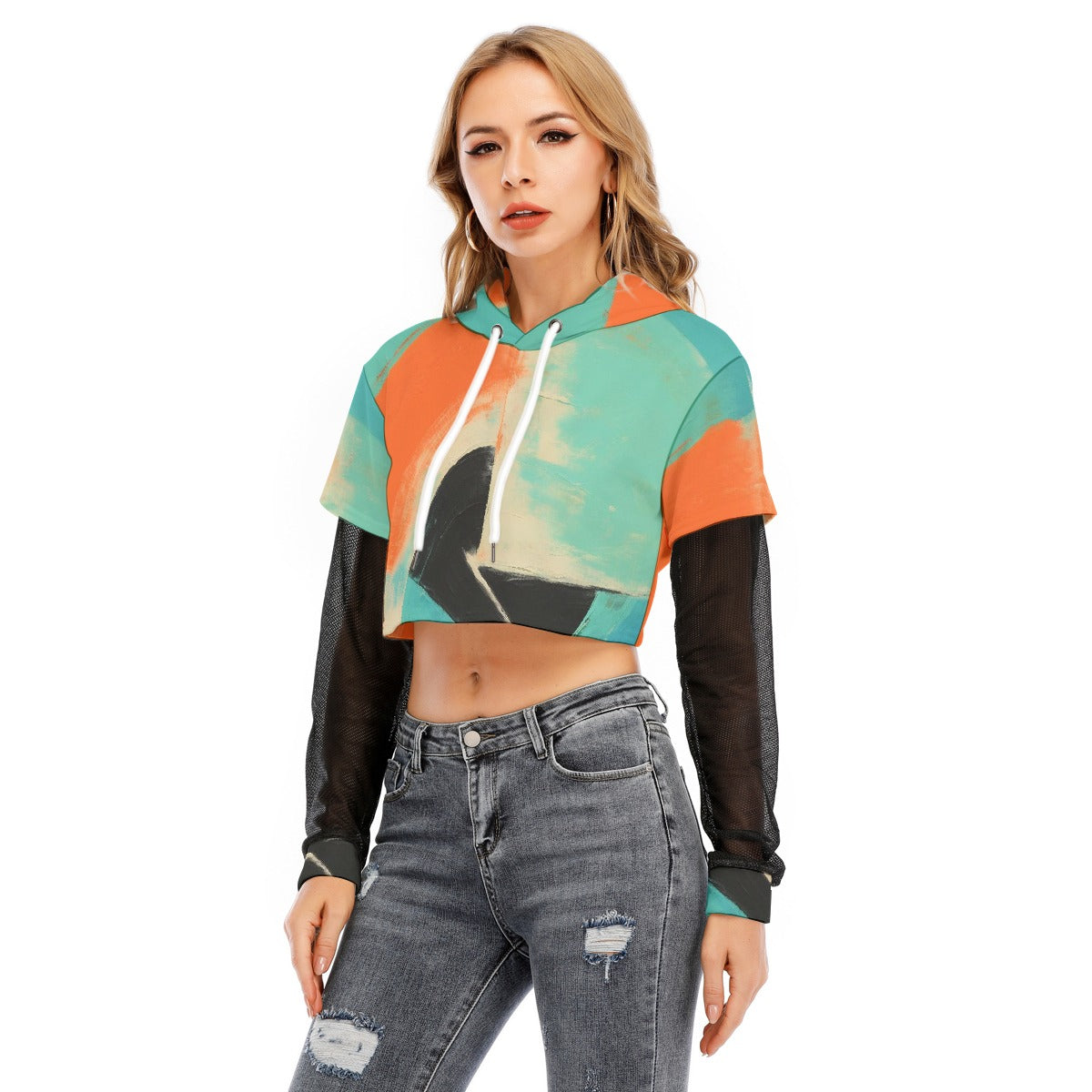 All-Over Print Women's Fake Two-piece Mesh Sleeve Cropped Hoodie