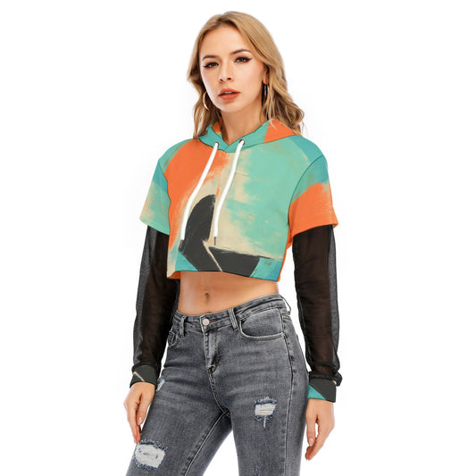 All-Over Print Women's Fake Two-piece Mesh Sleeve Cropped Hoodie