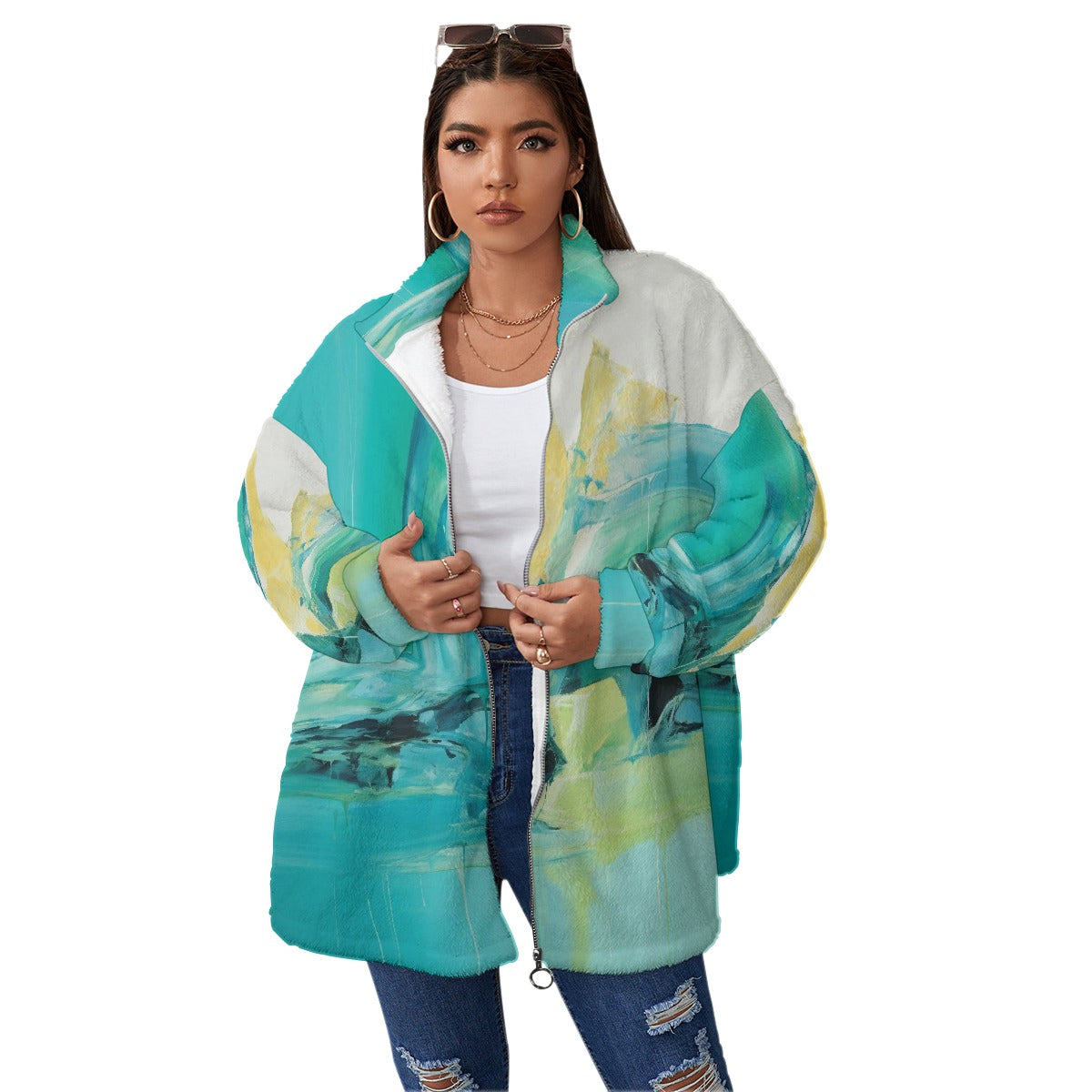 All-Over Print Unisex Borg Fleece Stand-up Collar Coat With Zipper Closure(Plus Size)