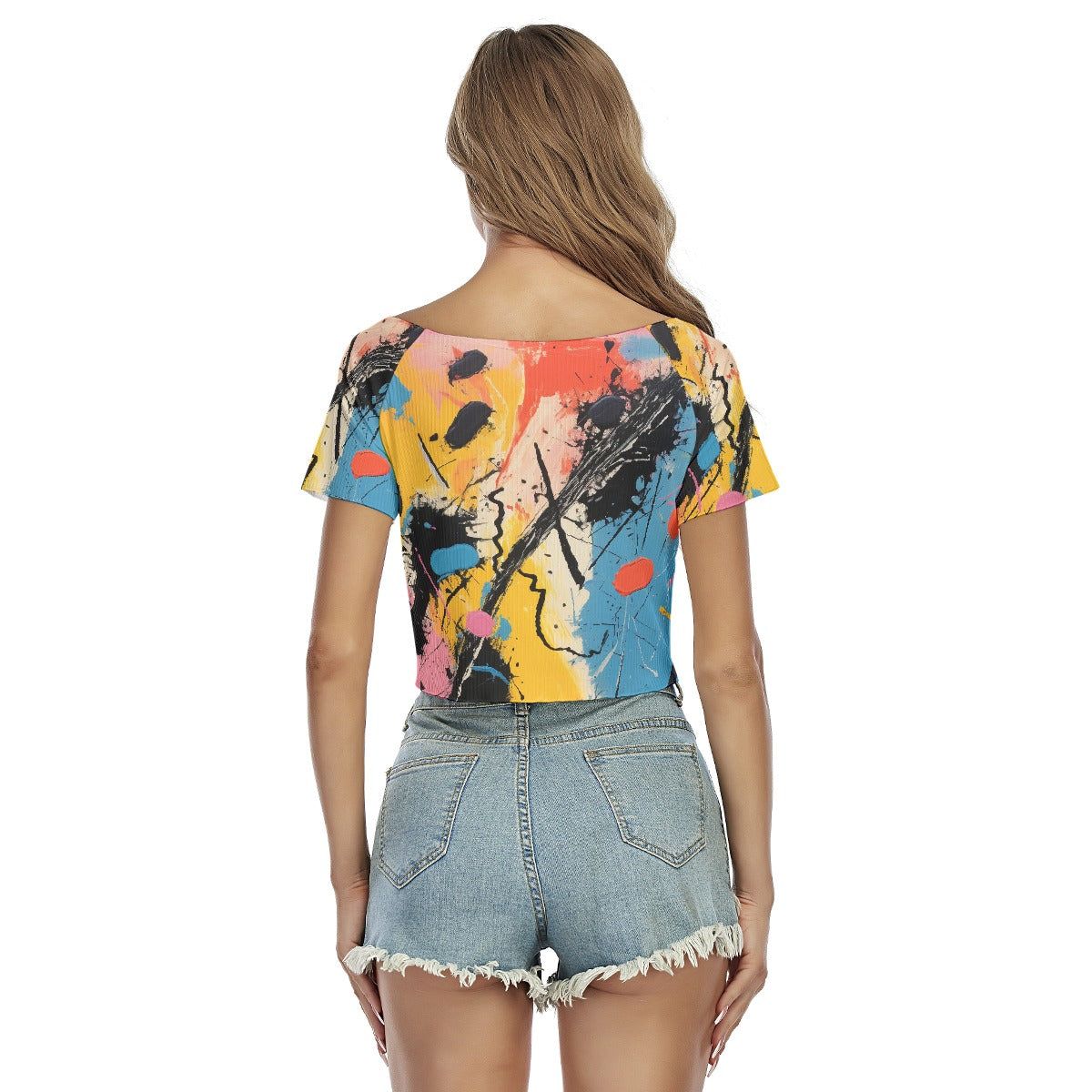 All-Over Print Women's Raglan Drawstring Front  Crop Tee