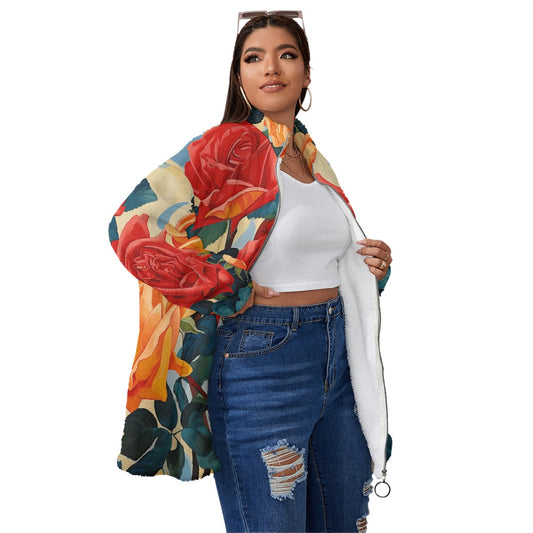 All-Over Print Unisex Borg Fleece Stand-up Collar Coat With Zipper Closure(Plus Size)