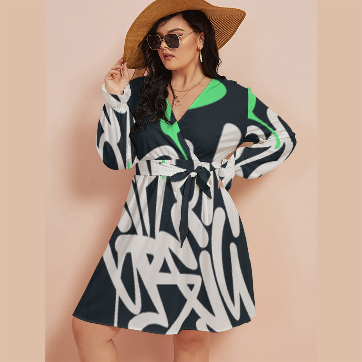 All-Over Print Women's V-neck Dress With Waistband(Plus Size)