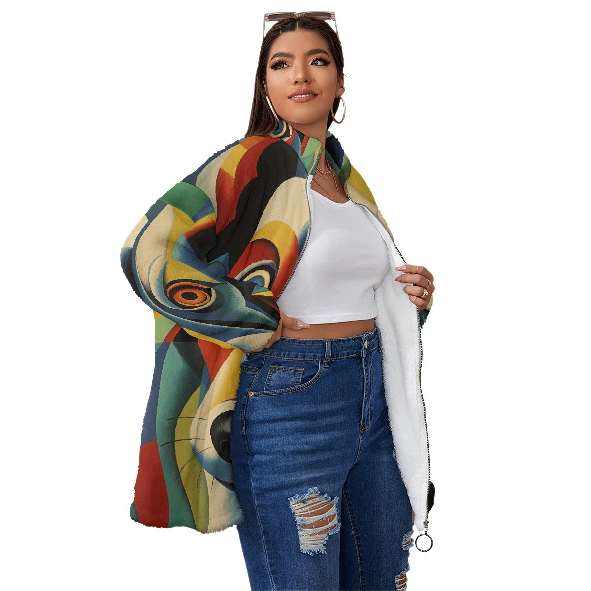 All-Over Print Unisex Borg Fleece Stand-up Collar Coat With Zipper Closure(Plus Size)