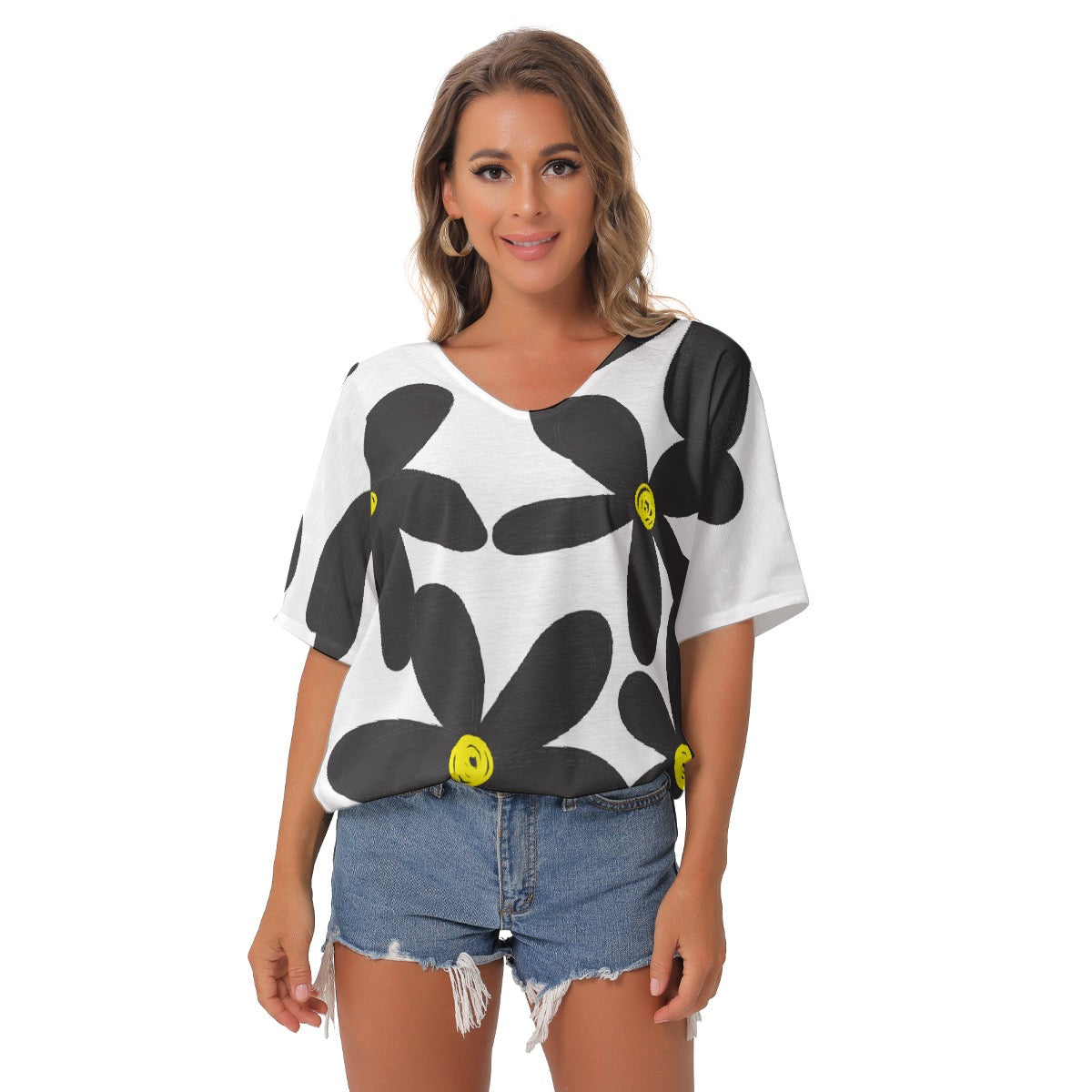 All-Over Print Women's Bat Sleeves V-Neck Blouse