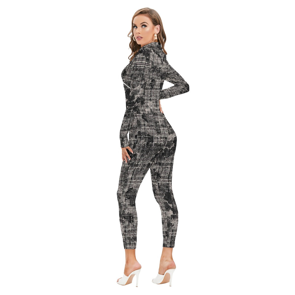 All-Over Print Women's Long-sleeved High-neck Jumpsuit With Zipper