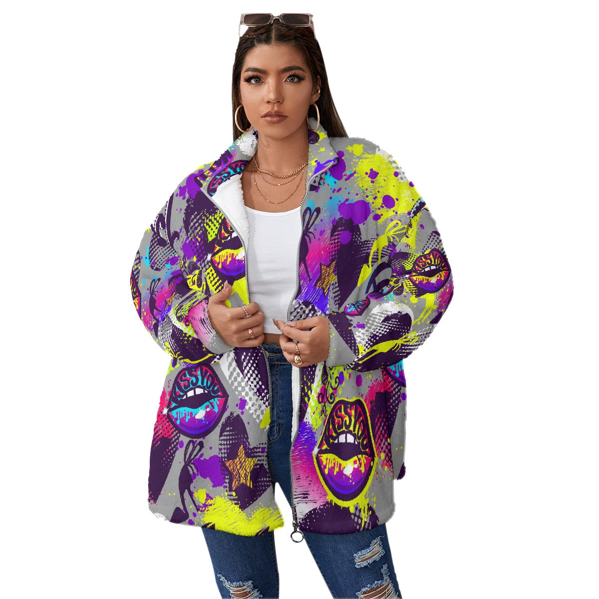 All-Over Print Unisex Borg Fleece Stand-up Collar Coat With Zipper Closure(Plus Size)