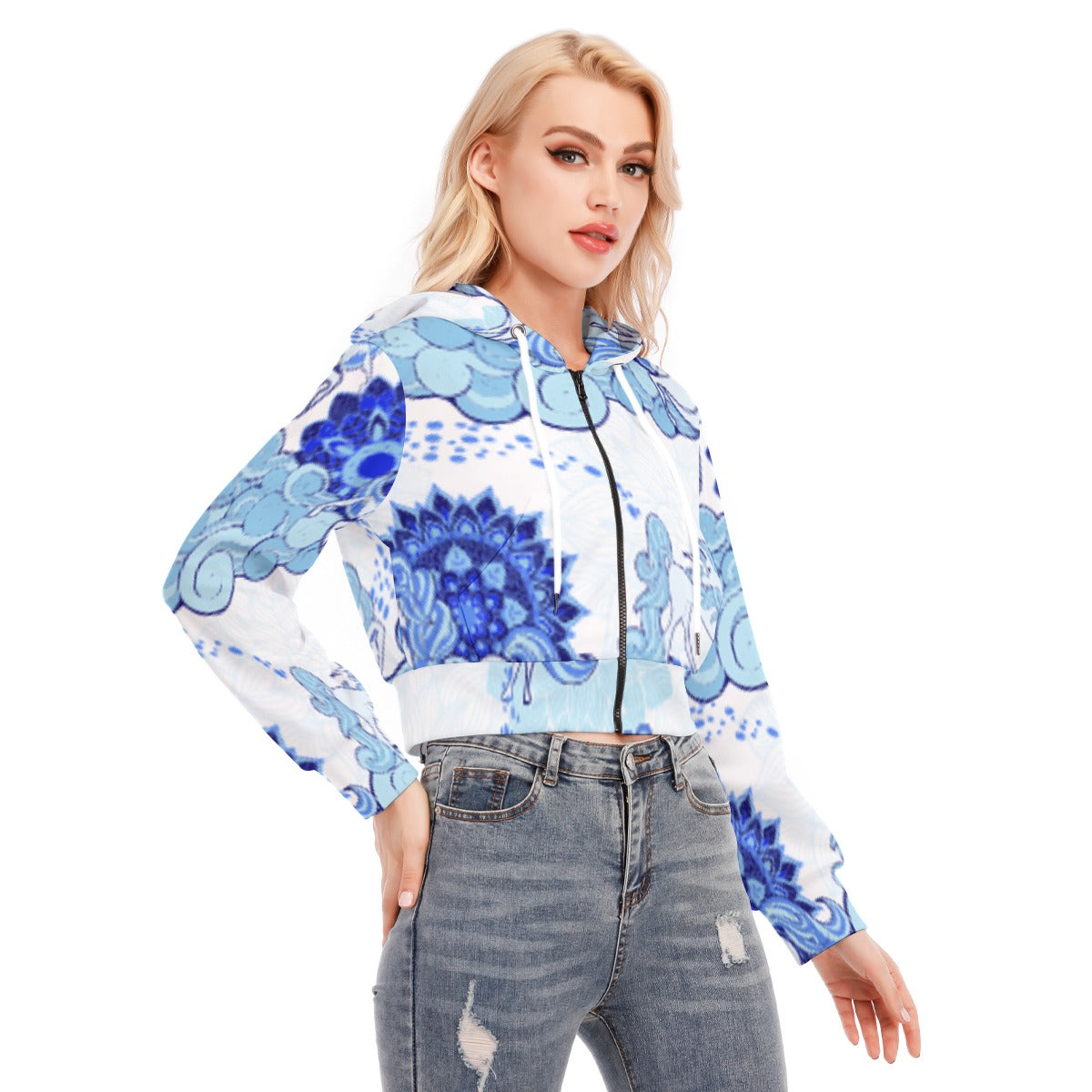 All-Over Print Women's Crop Top Hoodie With Zipper Closure