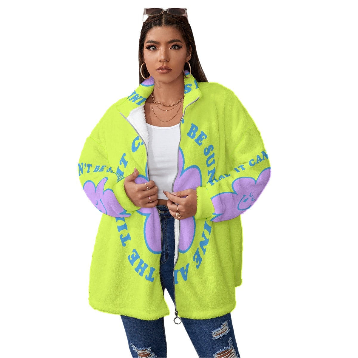 All-Over Print Unisex Borg Fleece Stand-up Collar Coat With Zipper Closure(Plus Size)