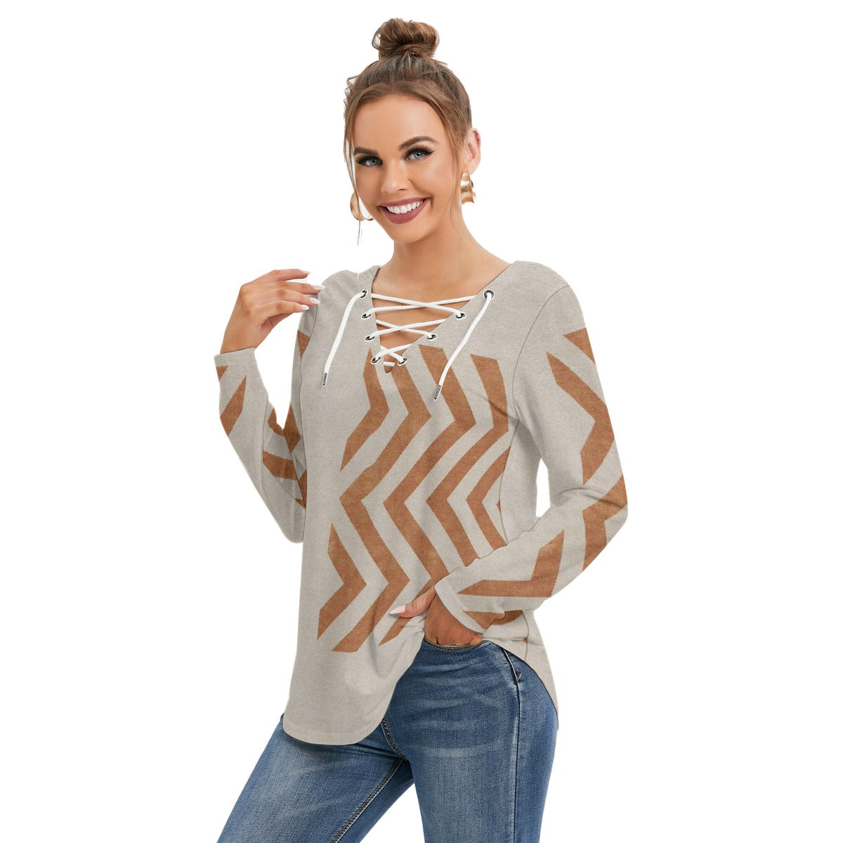 All-Over Print Women's Long Sleeve Neckline Tie Sweatshirt
