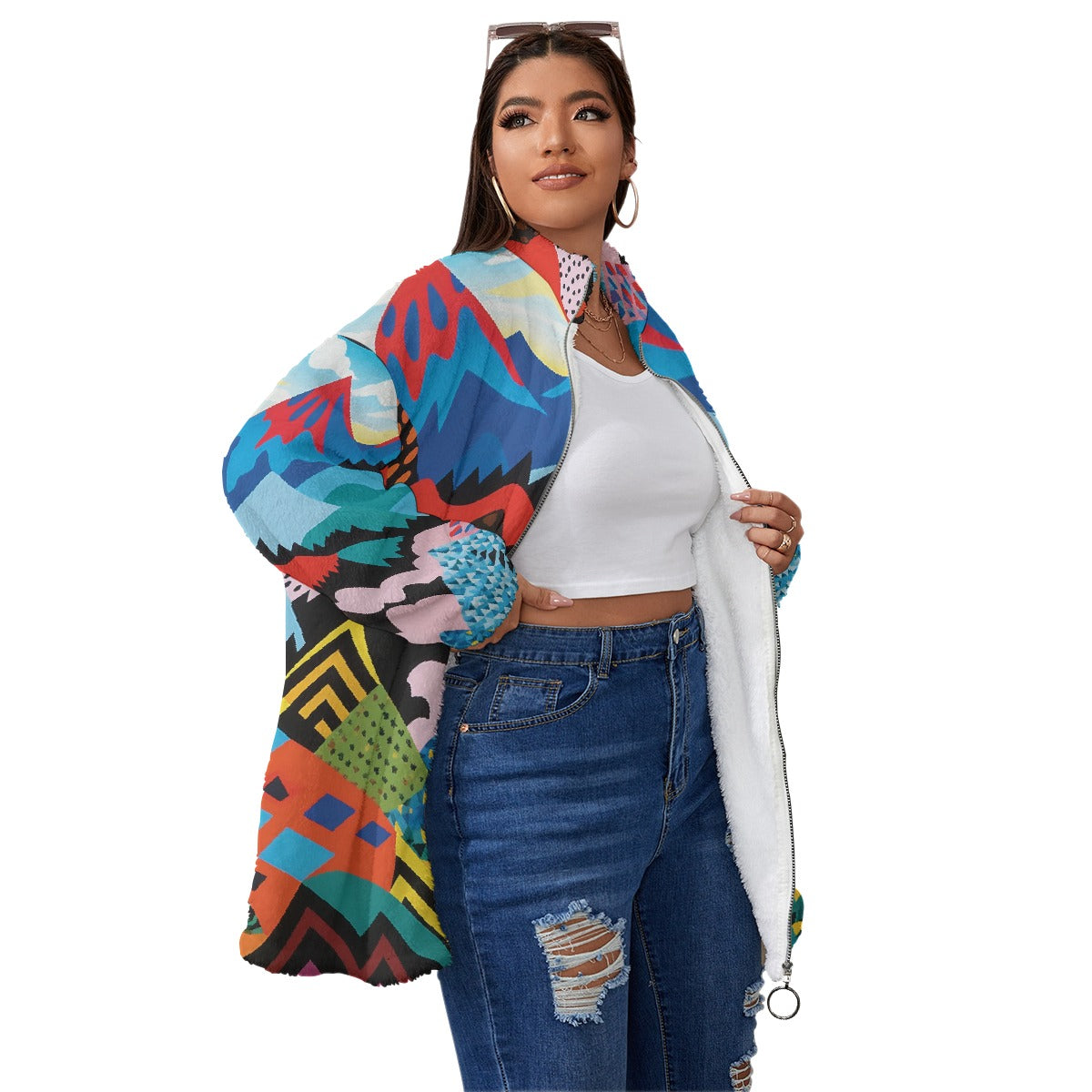 All-Over Print Unisex Borg Fleece Stand-up Collar Coat With Zipper Closure(Plus Size)