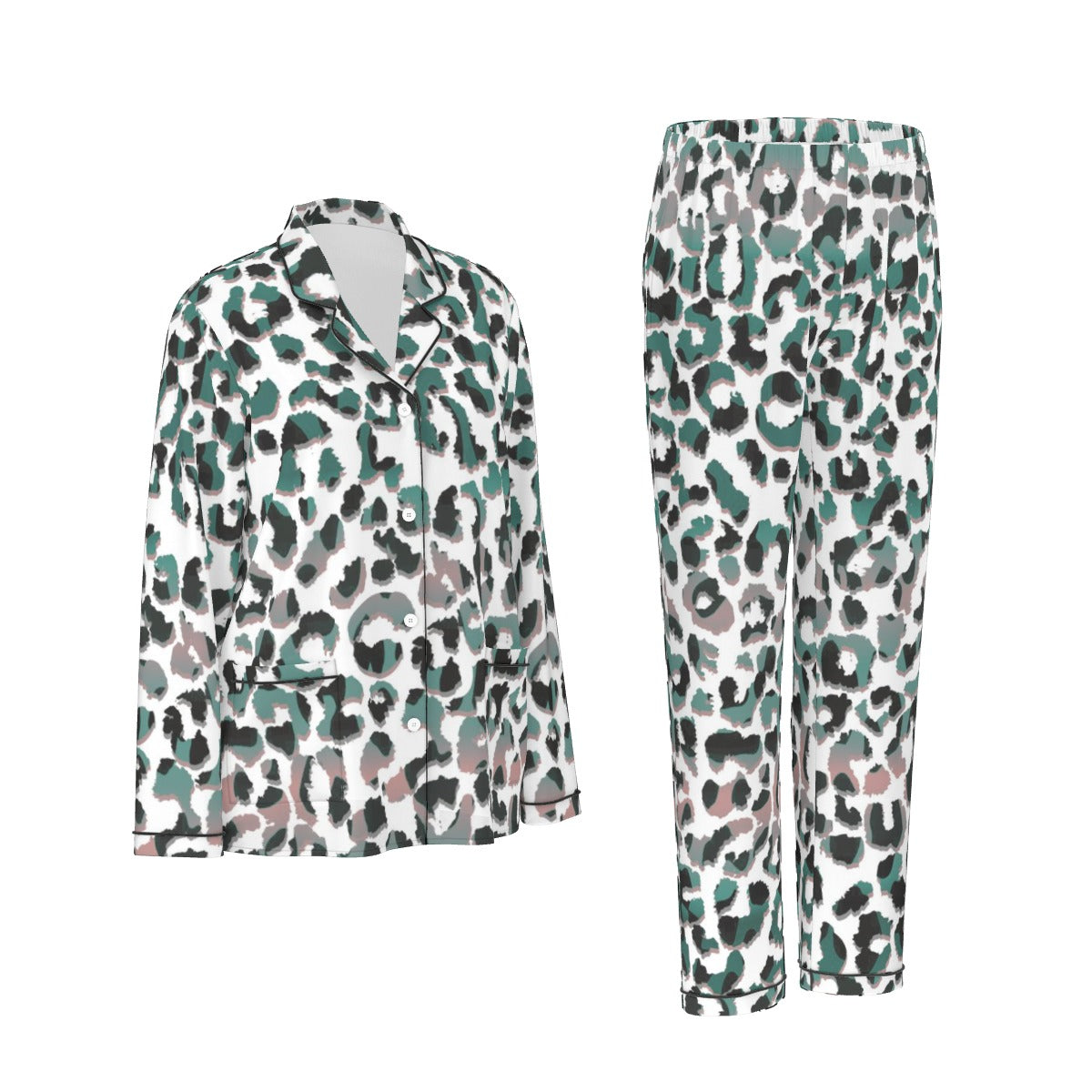 All-Over Print Women's Long Sleeve Pajama Set With Black Contrast Piping