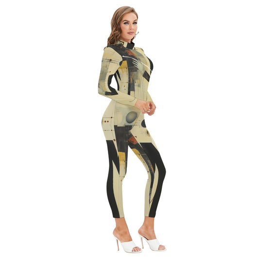 All-Over Print Women's Long-sleeved High-neck Jumpsuit With Zipper
