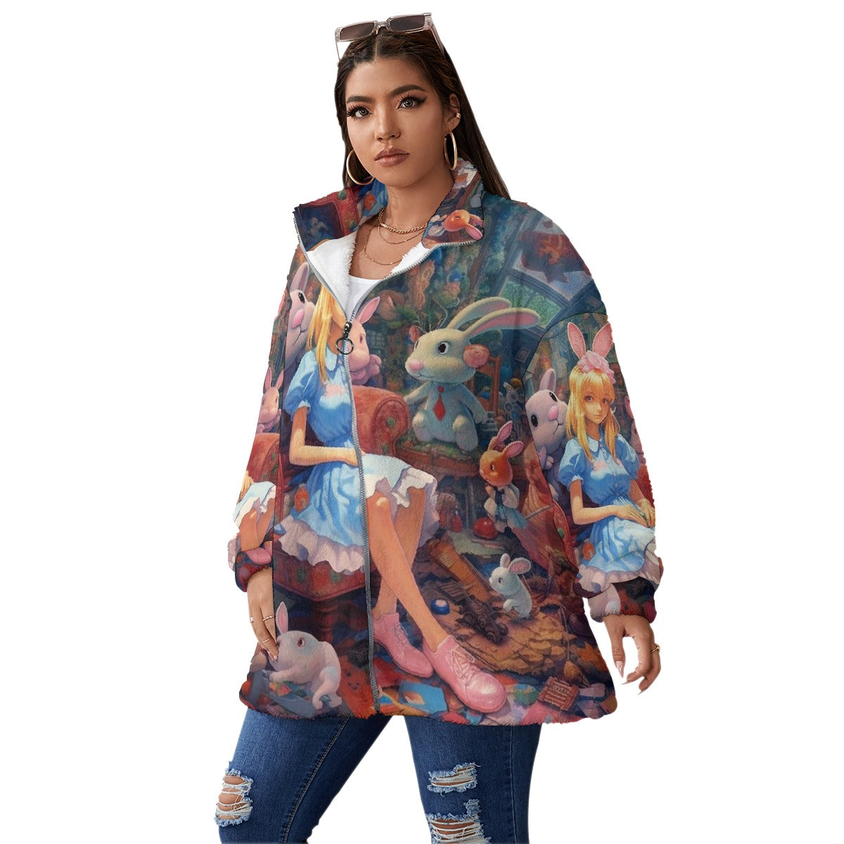 All-Over Print Unisex Borg Fleece Stand-up Collar Coat With Zipper Closure(Plus Size)