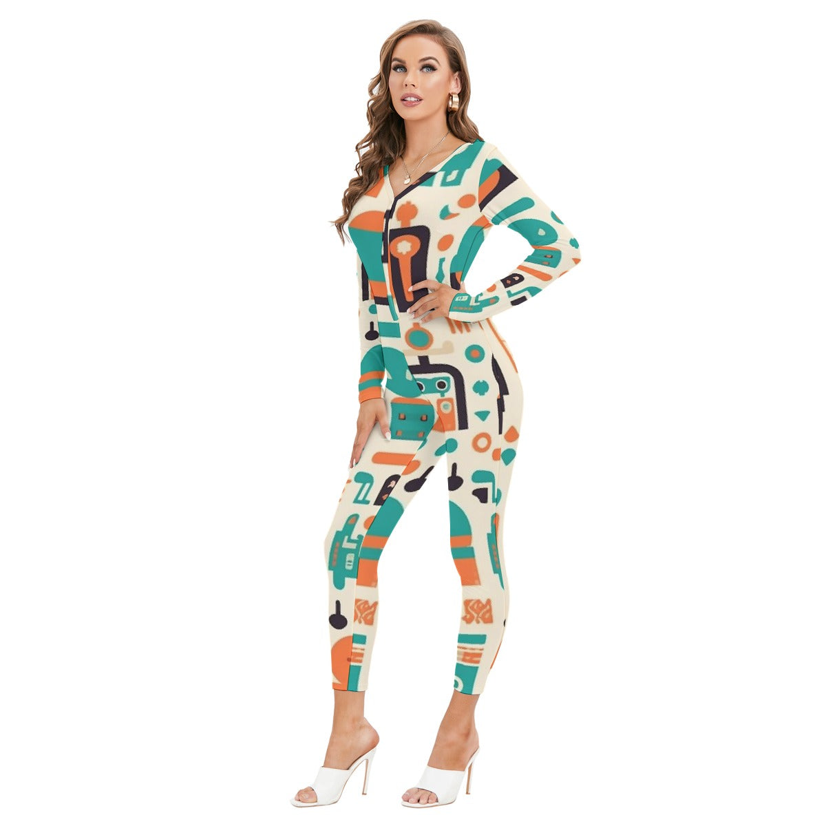 All-Over Print Women's Plunging Neck Jumpsuit