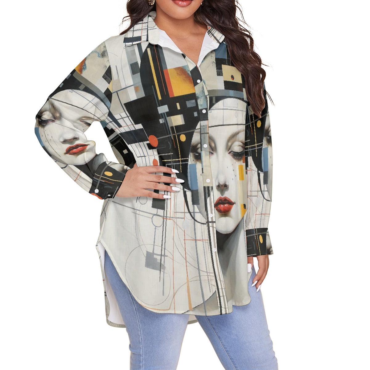 All-Over Print Women's Shirt With Long Sleeve(Plus Size)