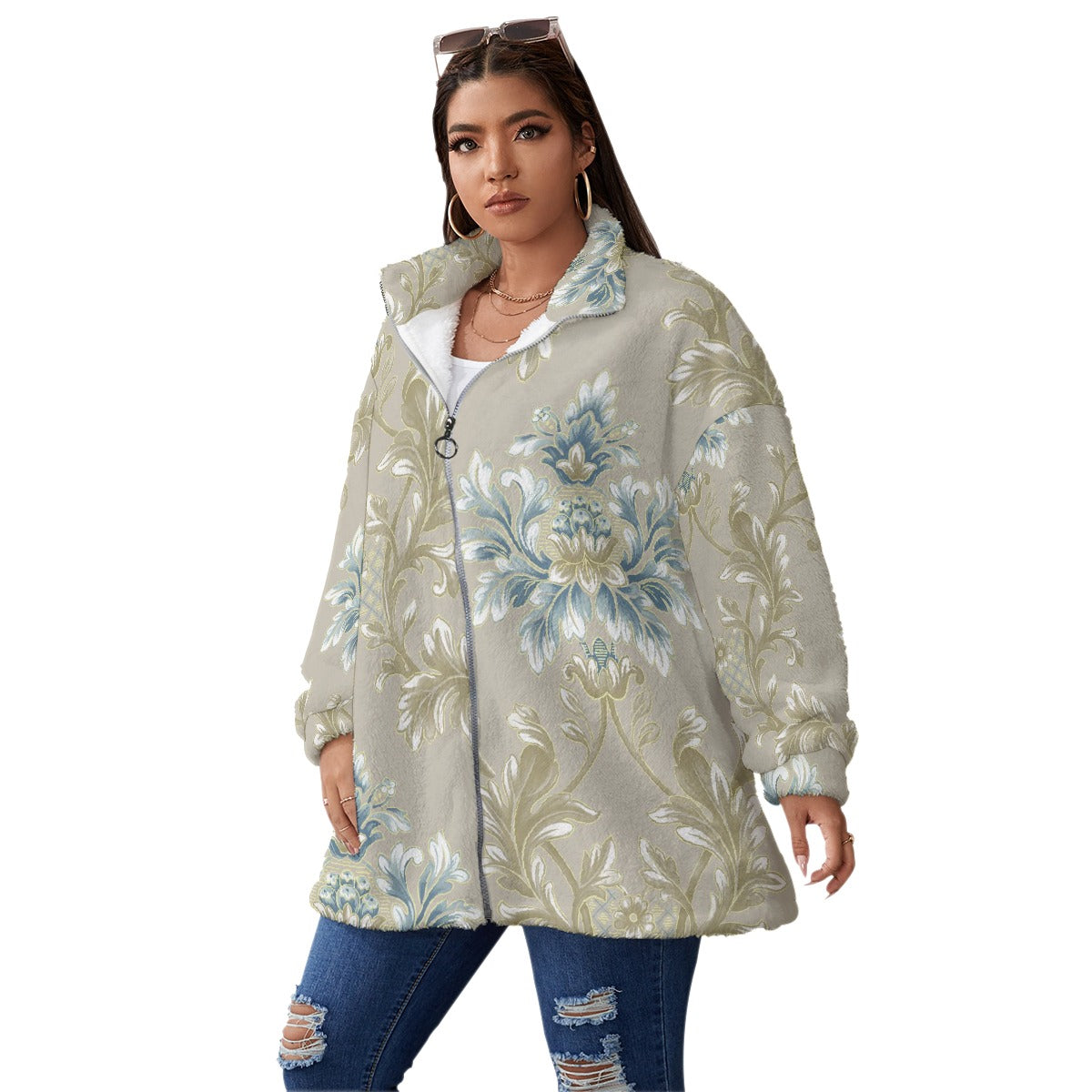 All-Over Print Unisex Borg Fleece Stand-up Collar Coat With Zipper Closure(Plus Size)