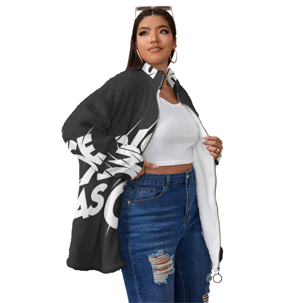 All-Over Print Unisex Borg Fleece Stand-up Collar Coat With Zipper Closure(Plus Size)