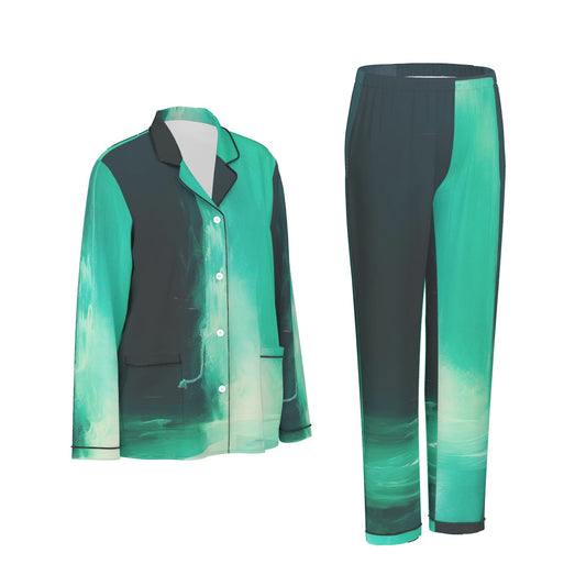 All-Over Print Women's Long Sleeve Pajama Set With Black Contrast Piping