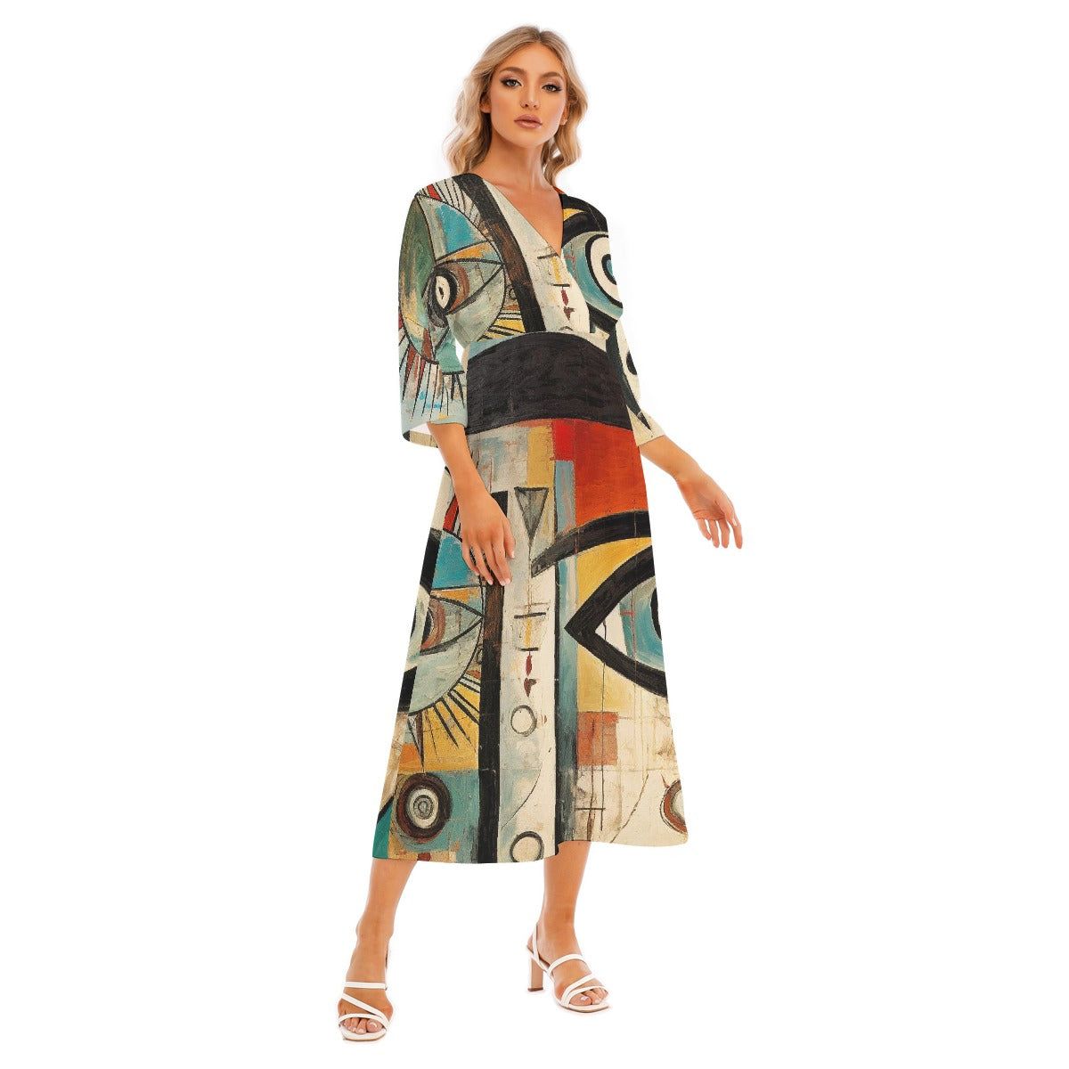 All-Over Print Women's Mid-Sleeve Long Dress
