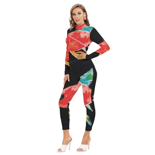 All-Over Print Women's Long-sleeved High-neck Jumpsuit With Zipper