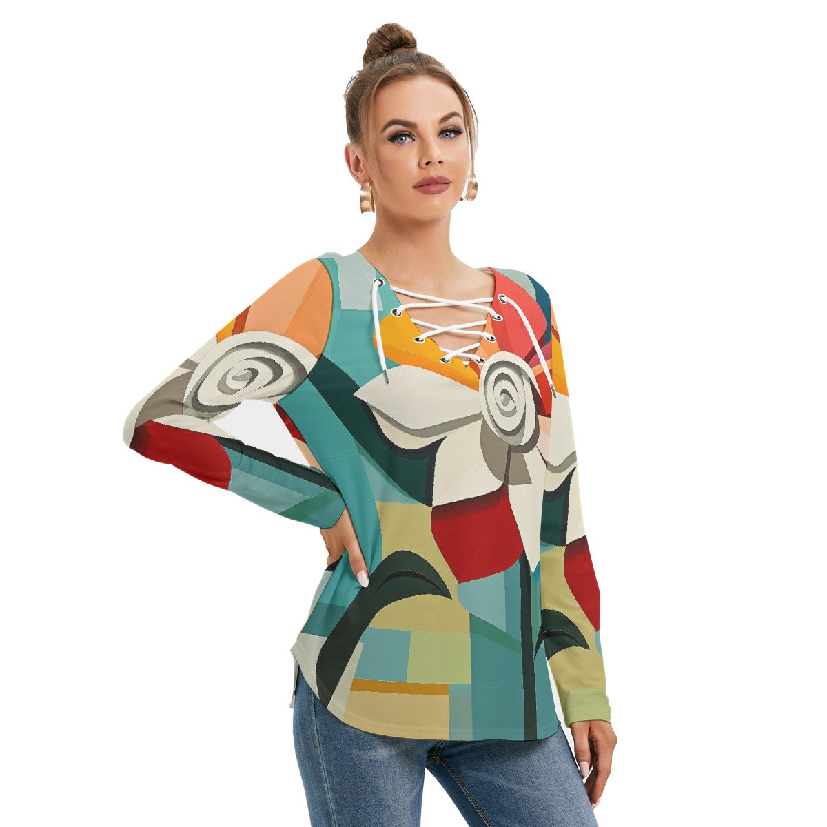 All-Over Print Women's Long Sleeve Neckline Tie Sweatshirt