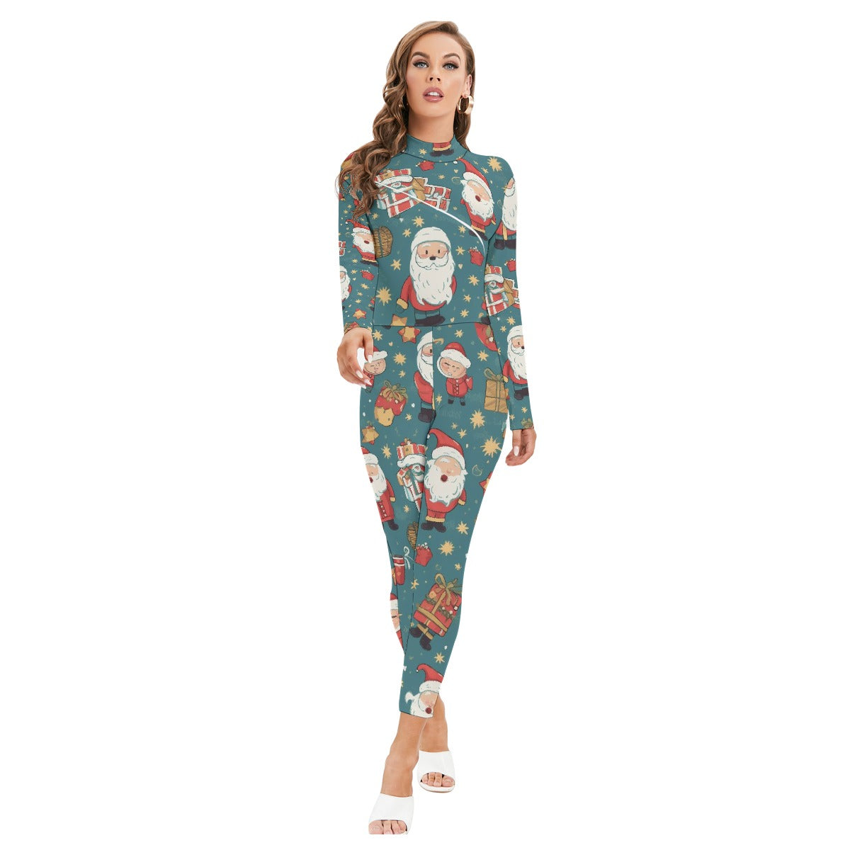 All-Over Print Women's Long-sleeved High-neck Jumpsuit With Zipper