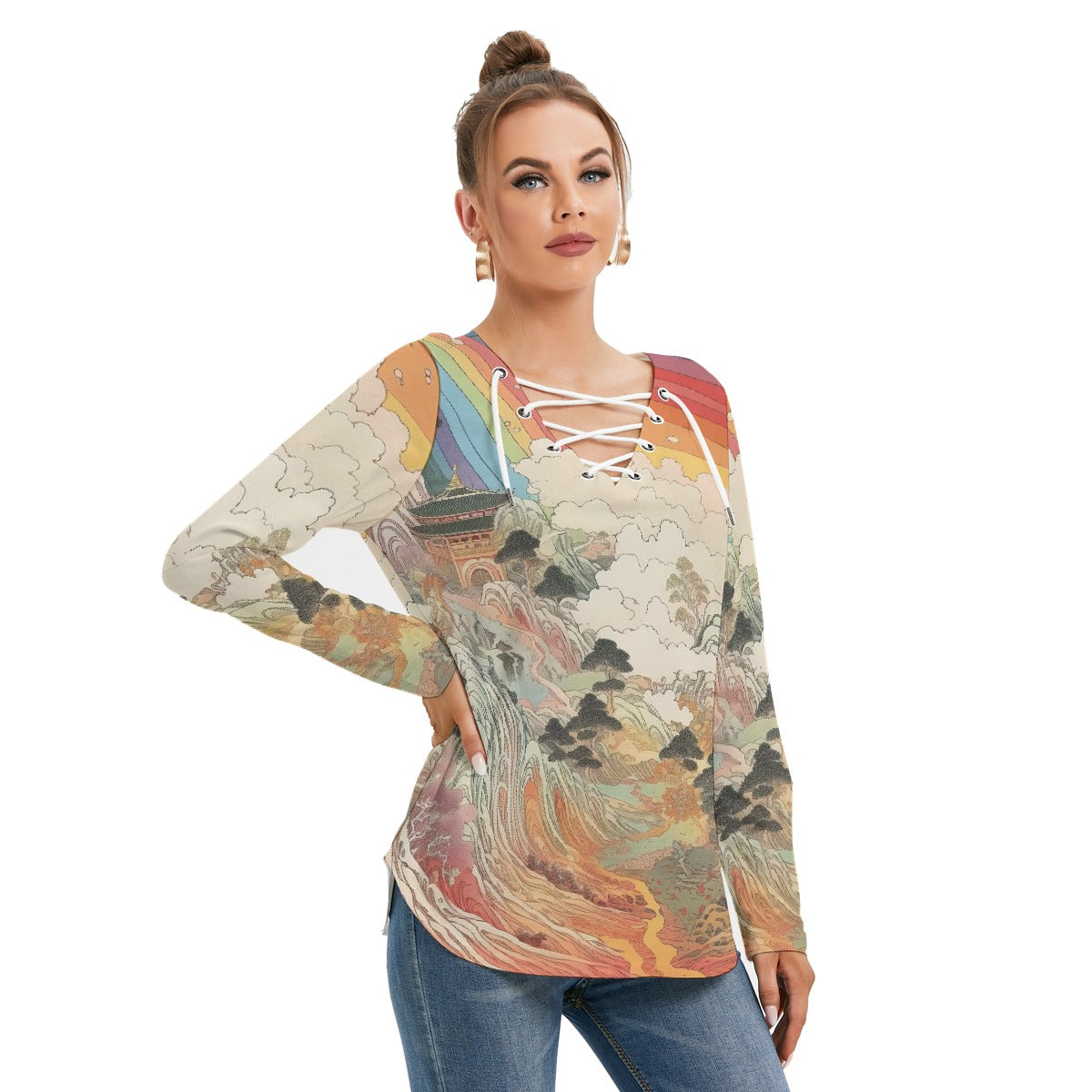 All-Over Print Women's Long Sleeve Neckline Tie Sweatshirt