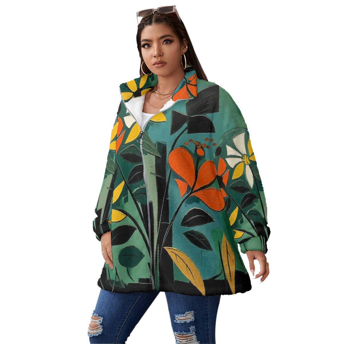 All-Over Print Unisex Borg Fleece Stand-up Collar Coat With Zipper Closure(Plus Size)