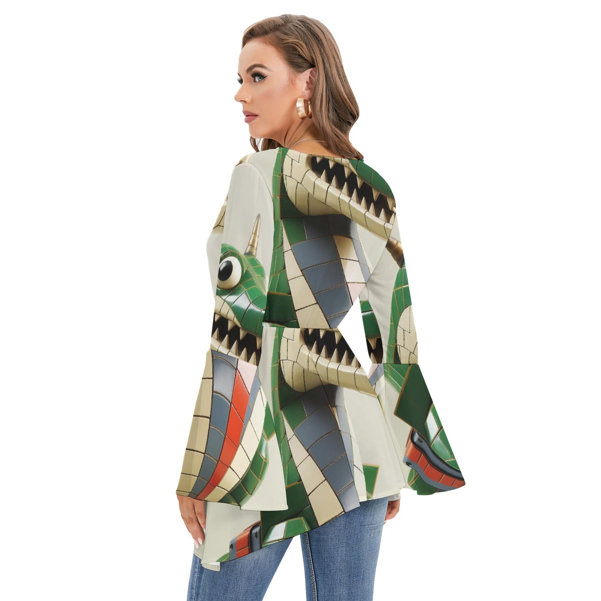 All-Over Print Women's V-neck Blouse With Flared Sleeves